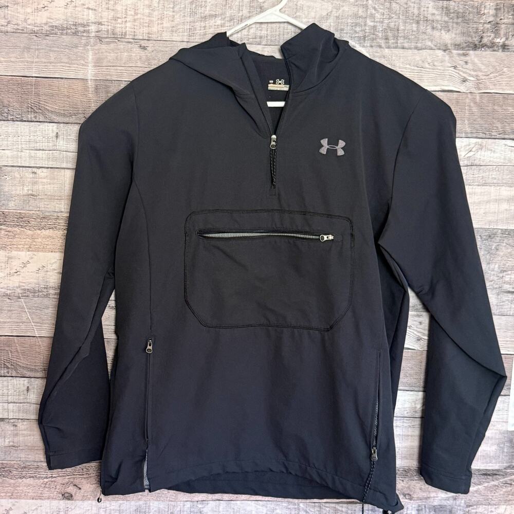 Under Armour Anorak 1/2 Zip Front Pouch Hooded Mens Large Black Softshell Hiking